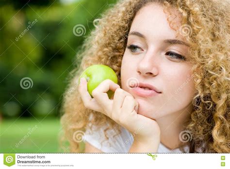 Girl And Apple Stock Photo Image Of White Pretty Trees 4957714
