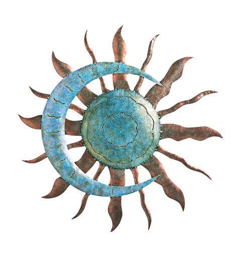 Handcrafted Blue And Copper Colored Recycled Metal Moon And Sun Wall Art Wind And Weather