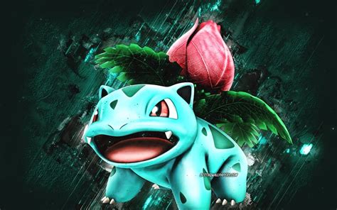 Download Wallpapers Ivysaur Pokemon Characters Blue Stone Background