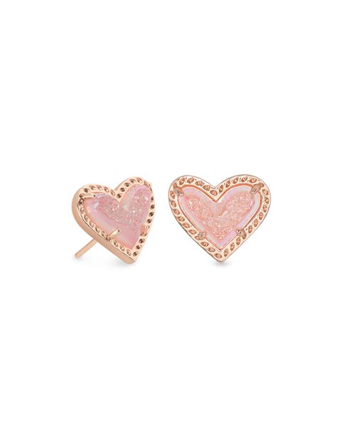 Ari Heart Rose Gold Stud Earrings In Pink Drusy Kendra Scott
