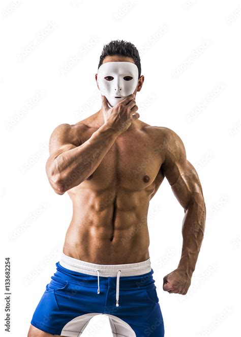 Shirtless Muscle Man With Creepy Scary Mask On Tilted Head Isolated