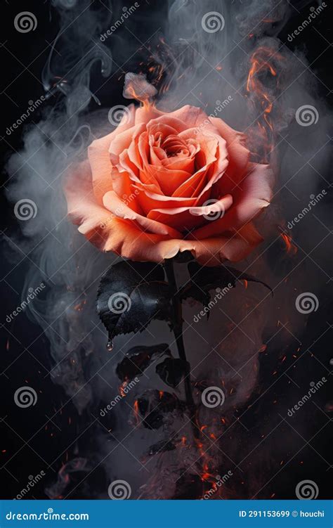 Salmon Colored Rose In Flames Smoke Ashes Fire Flames Embers