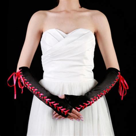 sexy women arm long satin cross straps sex play gloves black gothic punk opera stage catwalk