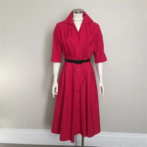 Vintage 1980s Deep Pinkish Red Shirtwaist Shirt Waist Dress M L The