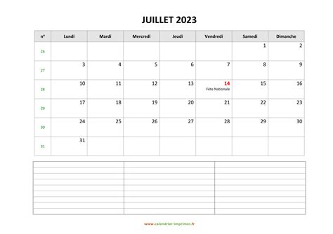 Calendrier Juillet 2023 à Imprimer