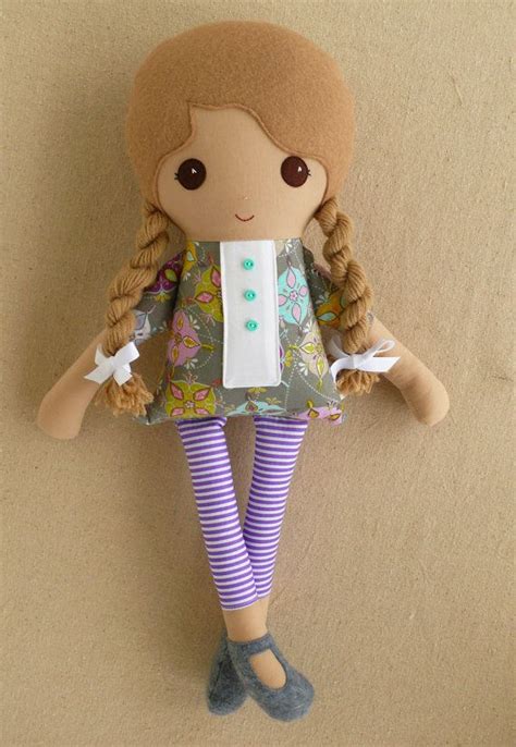 Fabric Doll Rag Doll Brown Haired Girl With Braids In Gray Etsy