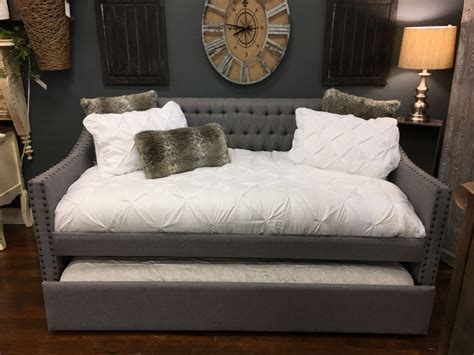 Twin Day Bed With Trundle Bed Charcoal Gray With Nailhead Trim