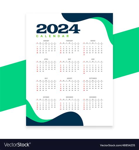 Wavy Style 2024 Wall Calendar Template Royalty Free Vector