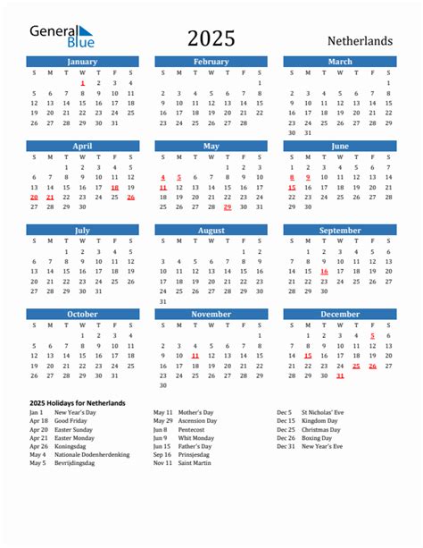 The Netherlands 2025 Calendar With Holidays
