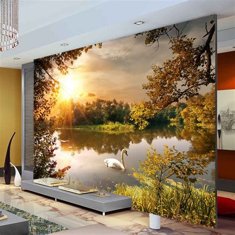 Trees Swan Lake Photo Wallpaper Sunshine Wallpaper Custom 3d Wall Mural