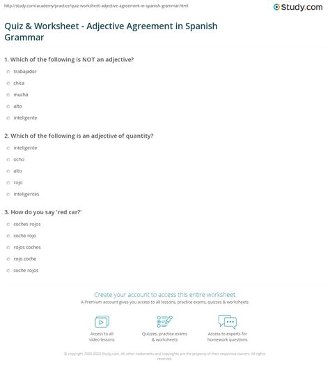 Quiz And Worksheet Adjective Agreement In Spanish Grammar