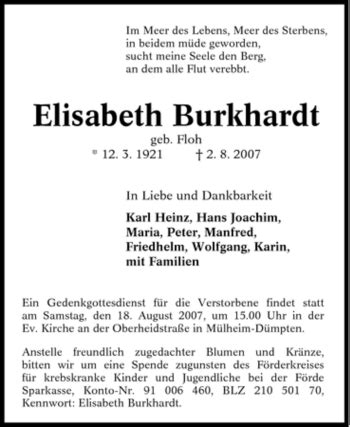 Traueranzeigen Von Elisabeth Burkhardt Trauer In NRW De