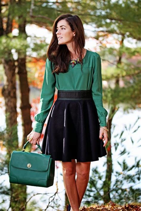 Dark Blue Skirt Emerald Shirt And Purse Fall Winter Outfit Classy
