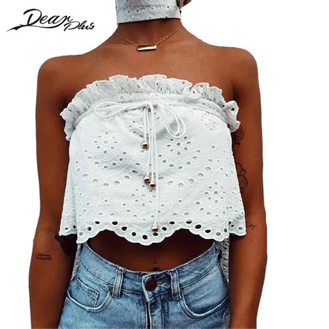 Sexy Ladies Ruffles Lace Up Tee Shirts Strapless Crop Top Women Off