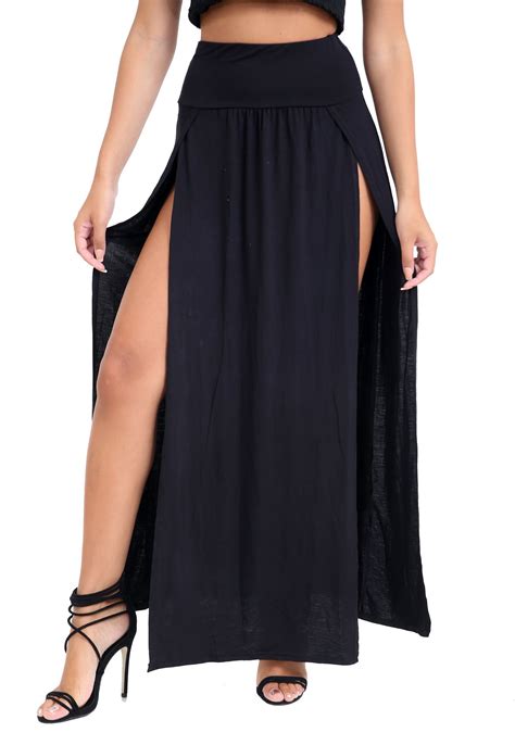 new womens double split high waist side slit plain basic summer long maxi skirt ebay