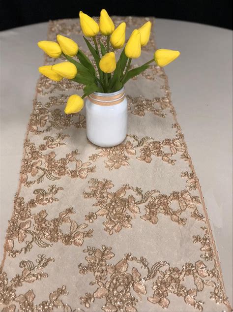 Sale Gold Embroidered Lace Table Runner Gold Tablecloth Etsy Table Overlays Gold Tablecloth