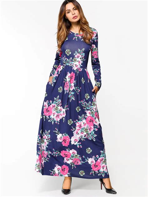 Last Size M Women Floral Print O Neck Long Sleeves Maxi Long Dress Spring Summer Bohemian Boho