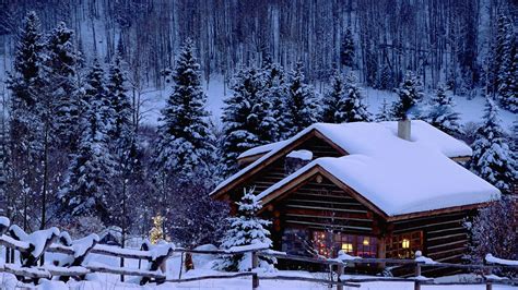 Christmas Snow Pine Trees Cabin Hd Wallpapers Desktop