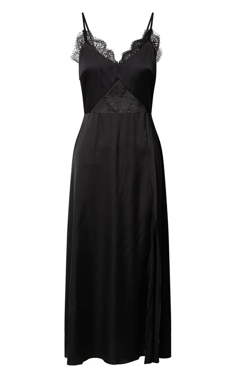 natalie midi dress v neck lace detail thigh split dress in black showpo