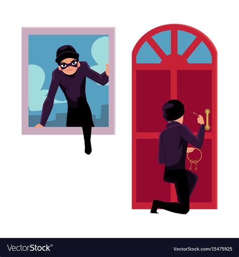 Thief Burglar Breaking In House Through Front Vector Image