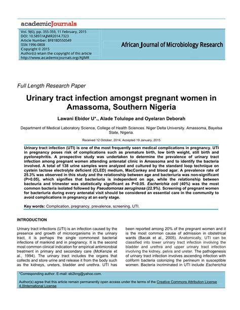 Pdf Urinary Tract Infection Amongst Pregnant Women In Amassoma Southern Nigeria