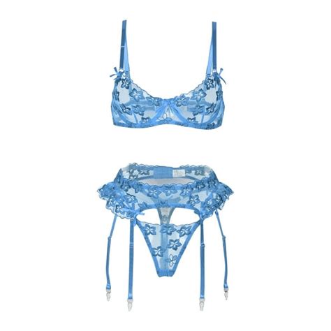Womens Light Blue Lingerie Ydkzymd Floral Lace With Garter Mesh Sleepwear Ruffle Sexy Bra And