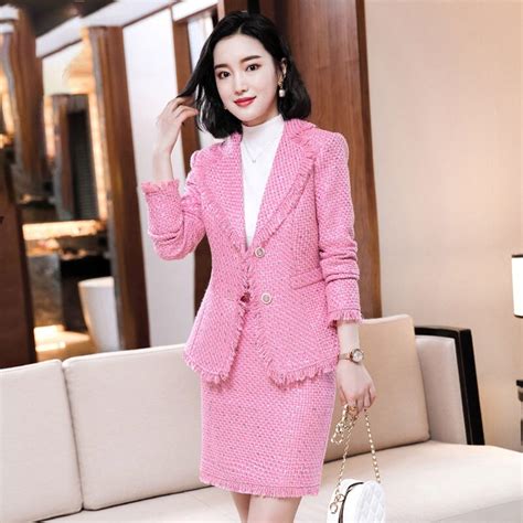 High Quality Spring And Autumn New Tweed Two Piece Set Womens Fashion Small Fragrance Pink Suit