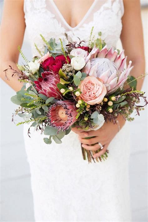 Rustic Protea And Australian Native Wedding Bouquet In Shades Of Pink