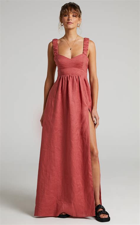 Amalie The Label Lucianna Linen Elasticated Strap Backless Maxi Dress In Dusty Rose Showpo