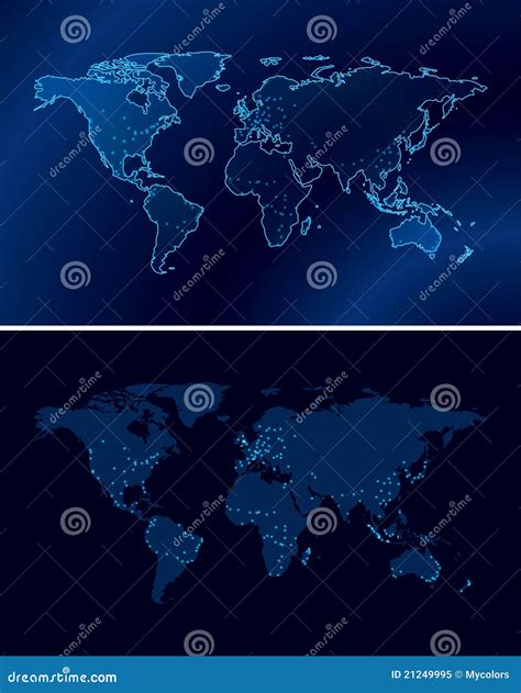 Blue Vector Maps Of The World With Lights Stock Vector Illustration