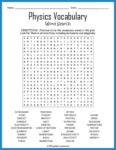 Physics Vocabulary Word Search