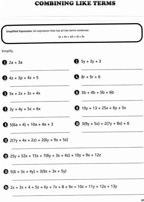 Combining Like Terms With Distribution And Negative Numbers Worksheet