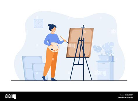 Smiling Woman Standing Near Easel And Painting Flat Vector Illustration
