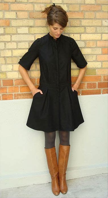 Love The Brown Boots With Black Dress And Grey Tights Fashion Style