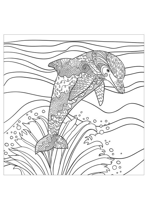 Adult coloring book,page a cute dolphin image for relaxing. Dolphin waves sea - Dolphins Adult Coloring Pages