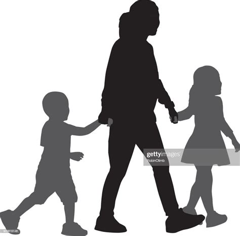 Mom Walking With Son And Daughter Silhouettes High Res Vector Graphic