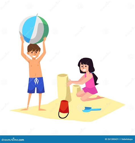Children Playing And Having Fun On The Beach Flat Vector Illustration