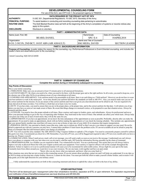 Initial Counseling Form Army Army Military
