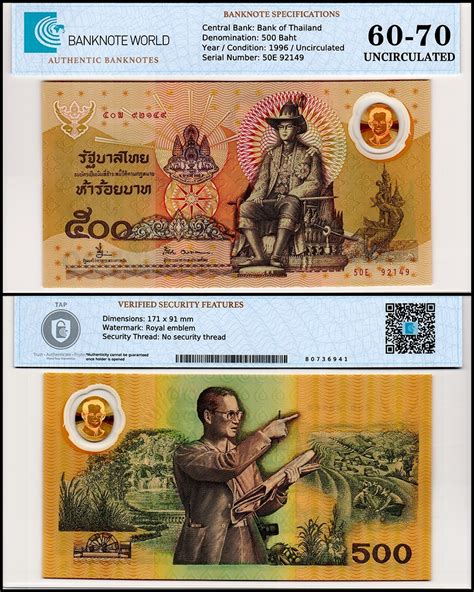 Thailand 500 Baht Banknote 1996 P 101a2 Unc Commemorative Polymer