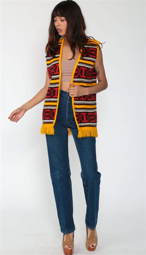 Boho Vest 70s Tribal Print Fringe Hippie Vest Striped Sleeveless