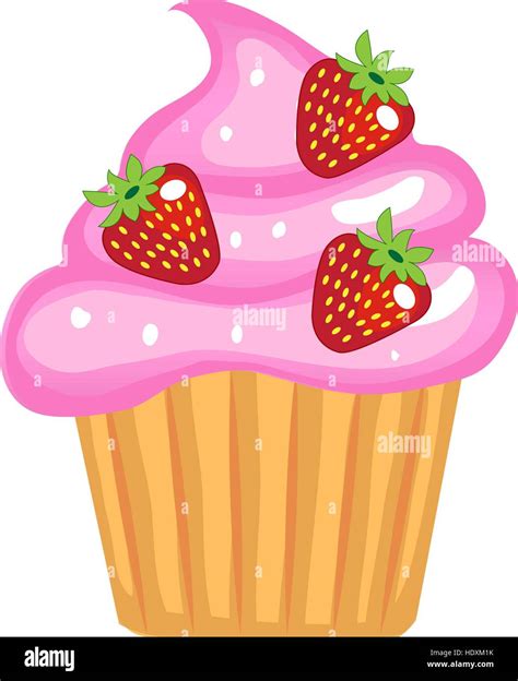 Cute Cupcakes Flat Cartoon Style Cake With Cream And Strawberries
