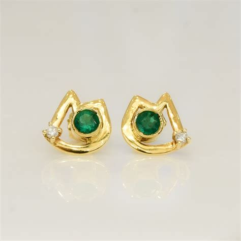 Emerald And Diamond Stud Earrings In K Yellow Gold