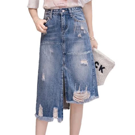New Streetwear Ripped Denim Skirts Women Summer Asymmetrical Long Jeans Skirts High Waist Casual