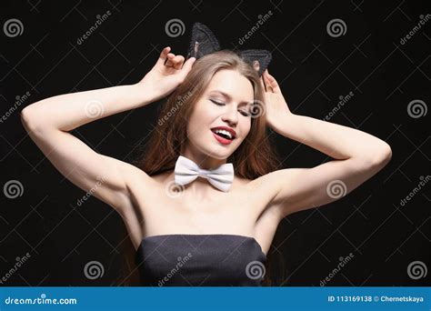 Beautiful Woman With Cat Ears Stock Photo Image Of Masquerade Background