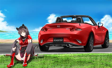 Long Hair Women With Cars Anime Anime Girls Mazda Roadster Beach