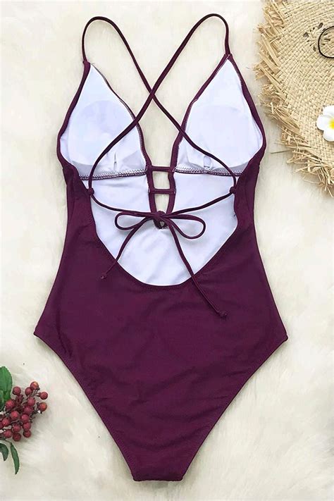 Cupshe Womens Shirring Design V Neck Low Back One Piece Plum Size X