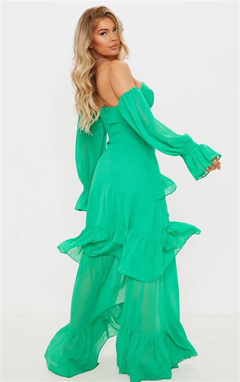 Bright Green Bardot Chiffon Cup Detail Maxi Dress Prettylittlething