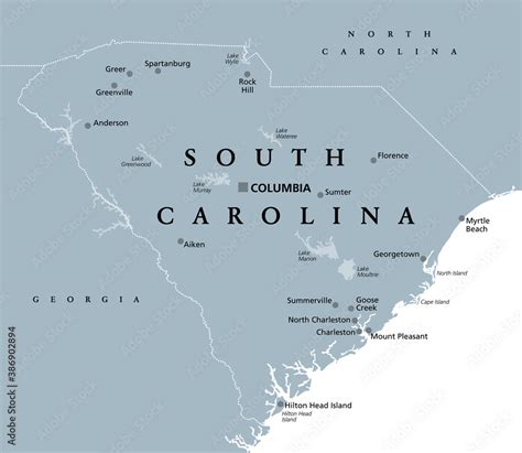South Carolina Sc Gray Political Map With Capital Columbia Largest