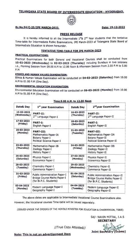 Ts Intermediate Time Table 2024 Telangana Inter 1st 2nd Year Exam Time