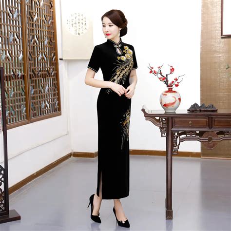 new arrival oriental dress chinese style dress long velvet cheongsam flower embroidery qipao